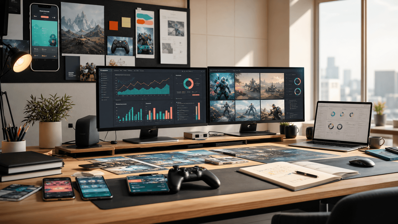 A modern agency workspace with app, game, and campaign performance screens